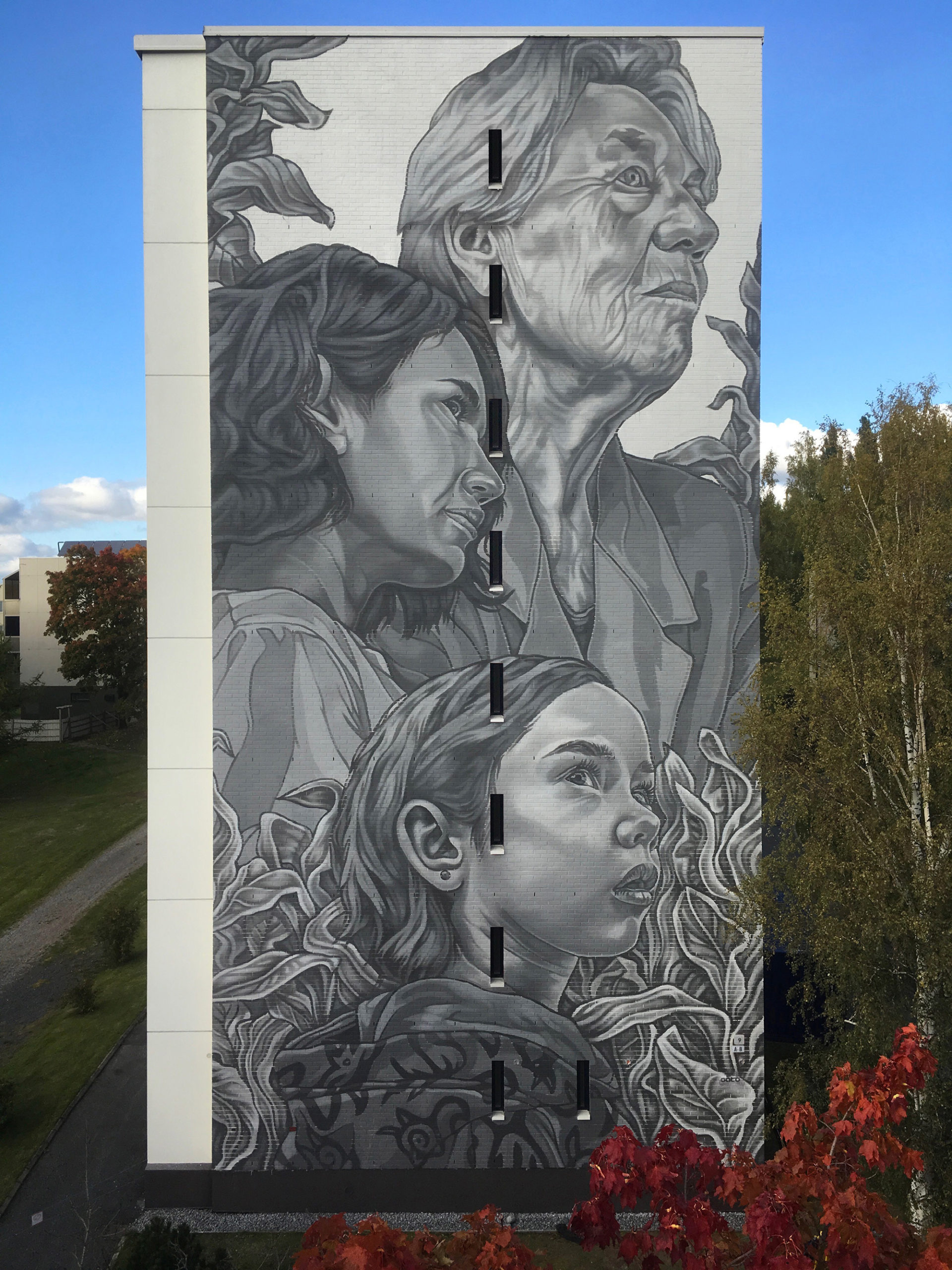 Illustrative Murals in Shades of Grey by Paola Delfín Characterize Human Bonds