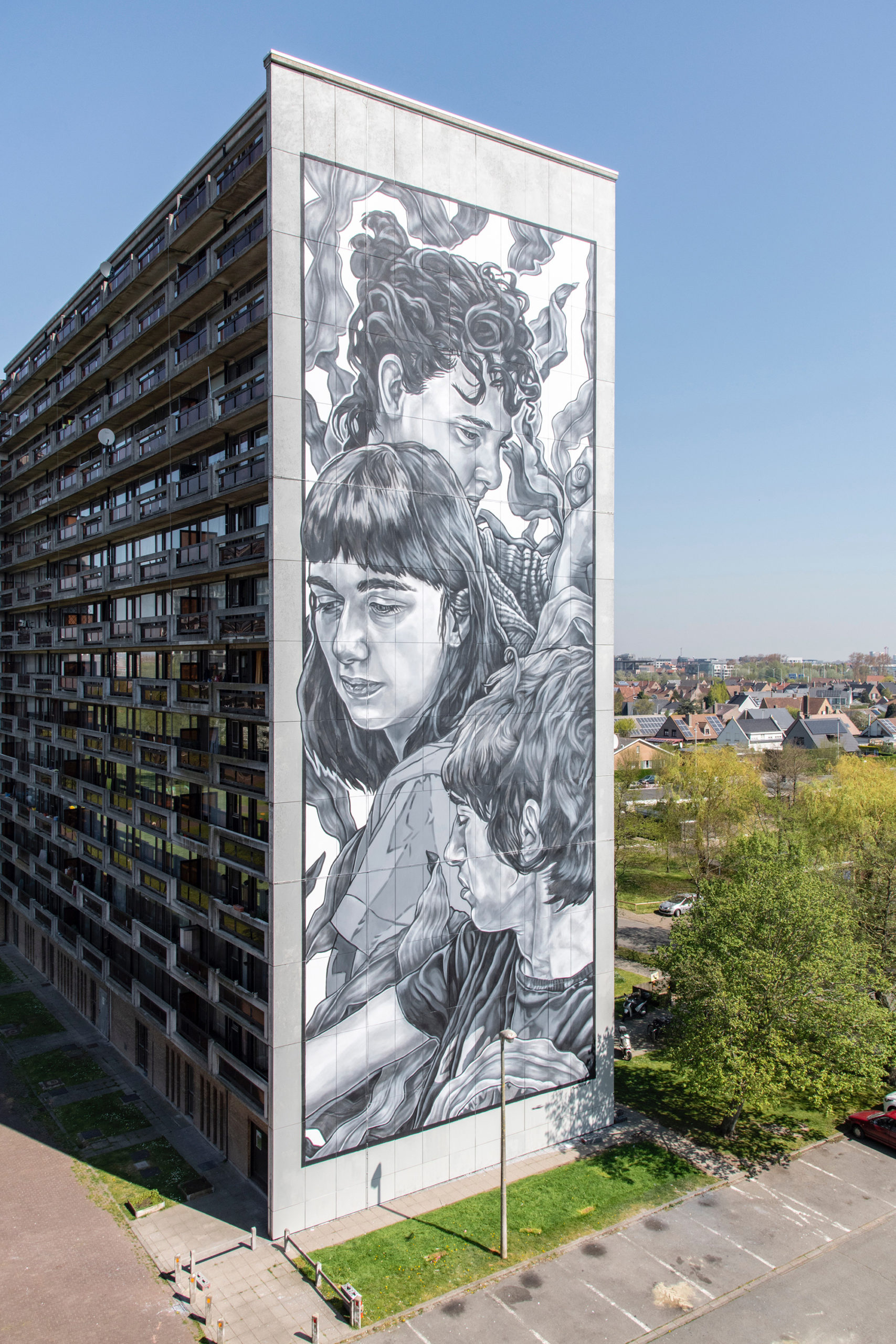 Illustrative Murals in Shades of Grey by Paola Delfín Characterize Human Bonds