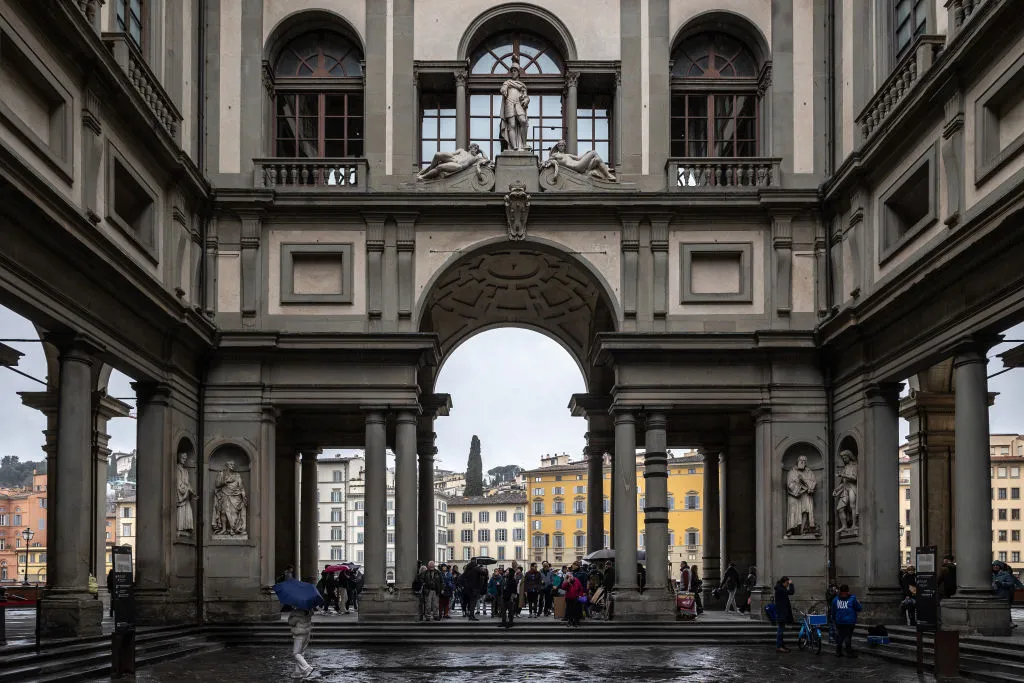 FLORENCE, ITALY - MARCH 01: People stand in the courtyard of the Uffizi museum on March 01, 2024 in Florence, Italy. The historic centre of Florence, birthplace of the Renaissance, attracts more than 10 million tourists every year and was named a World Heritage Site by UNESCO in 1982. (Photo by Emanuele Cremaschi/Getty Images)