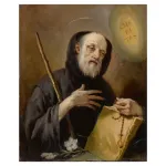 A paintings of an old man holding a bible and a stick.