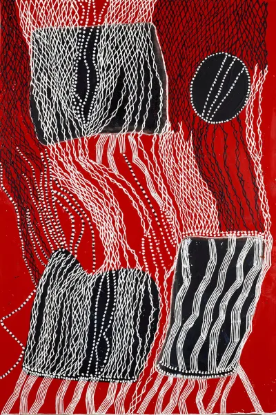 A painting of black and white abstract forms against a bright red background.