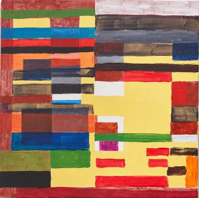 An abstract painting featuring lines of color layered unevenly on top of each other.