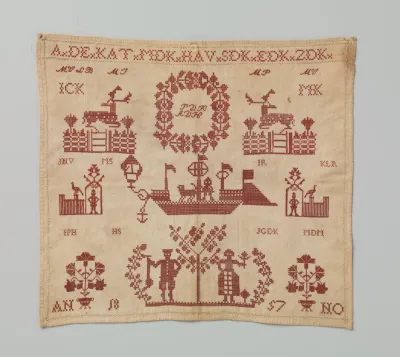 A sampler showing ships, deer, and people standing by trees.