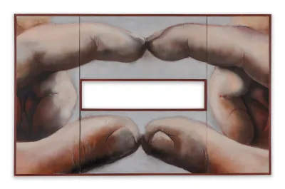 A painting showing two pairs of fingers touching tips above a rectangular excision.