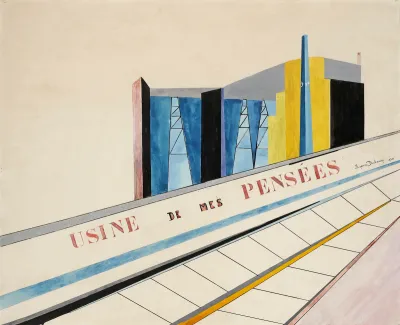 A painting of an abstracted factory above text reading 