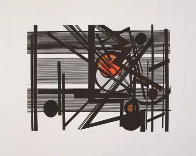 An abstract print showing zigzagging black forms above rows of black lines.