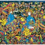 View of a dense forest of vibrantly colored flora and fauna with two figures (with blue bodies and white faces) in the middle.