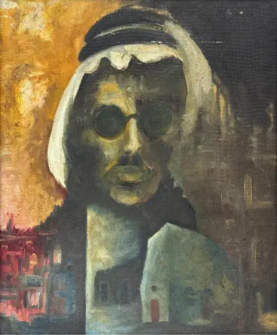 A painting of a man whose neck fades into a group of buildings.