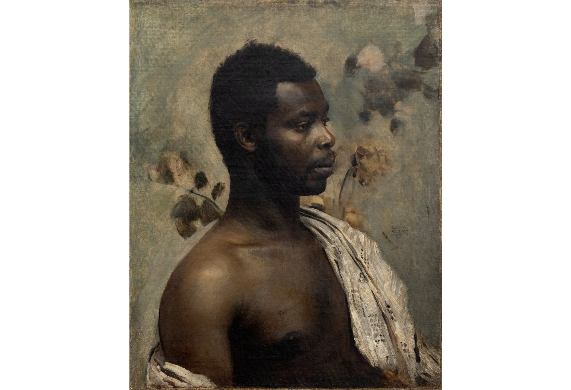 A painting of a Black man set against a grayish background with barely visible flowers.