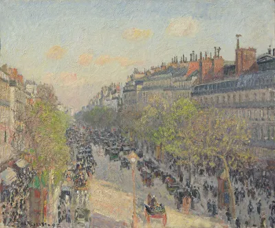 A painting of a boulevard lined by trees and people.