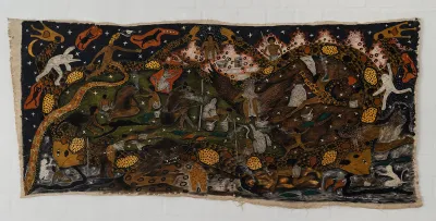 A painting showing a snake surrounding clusters of people and animals.