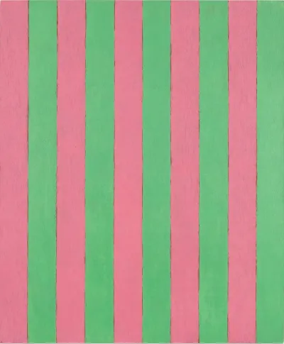 An abstract painting with pink and green stripes.