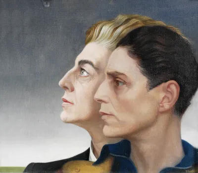 A painting of two women against each other seen in profile.