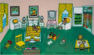 A painting of a little Black girl on the floor of her bedroom.