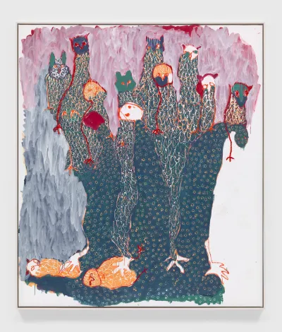 A painting of tall animals against a brushy background.