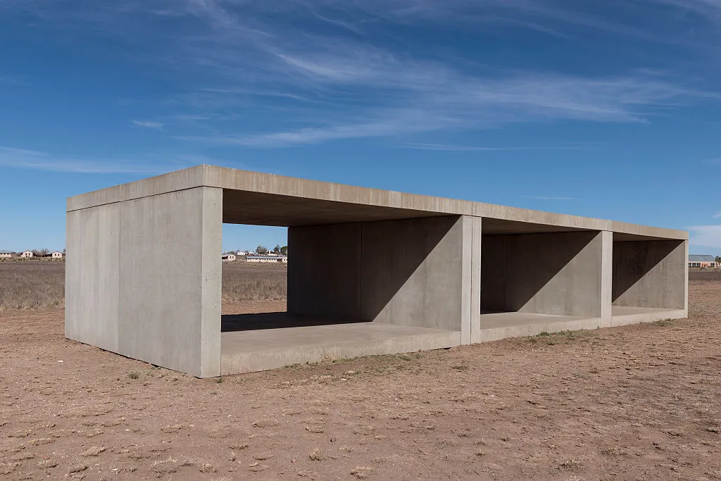 UNITED STATES - MARCH 22: Untitled box-like art, sometimes called Judd cubes, by Minimalist artist Donald Judd, though he detested the minimalist description, on the grounds of the Chinati Foundation, or La Fundacion Chinati, a contemporary art museum in Marfa, a surprisingly sophisticated town in the Texas high desert (Photo by Carol M. Highsmith/Buyenlarge/Getty Images)