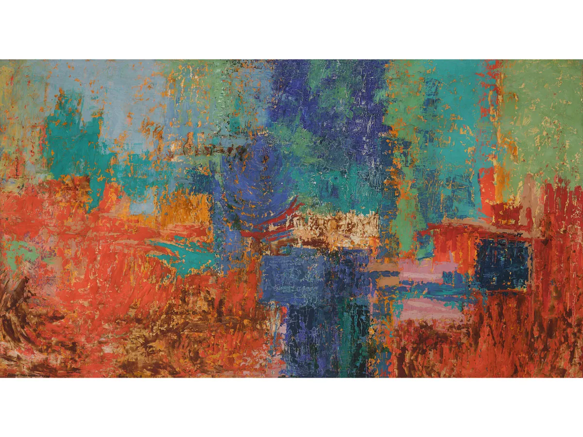 An abstract painting with various color is hazy blocks.