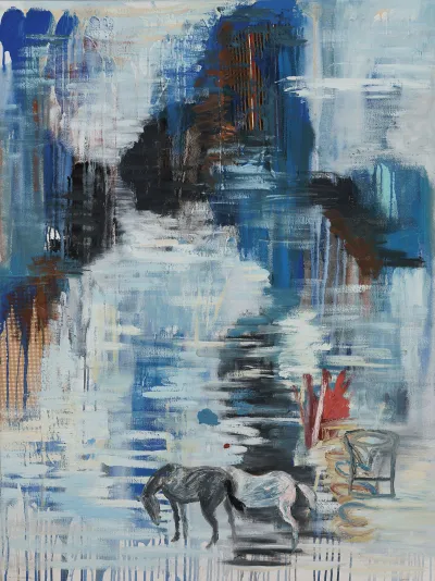 A mostly abstract painting with different hazy passage of white, blue, brown, black, and other colors. near the bottom are two horses.
