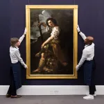 LONDON, UNITED KINGDOM - JUNE 27, 2025: Art handlers hold a painting titled "David with the head of Goliath" by Artemisia Gentileschi, thought to have been painted in 1630s London, estimate: £1,000,000 - 2,000,000 during a photocall at Sotheby
