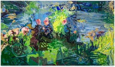 An abstract painting of flowers and greenery amid a blue background.