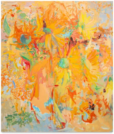 A painting of several orange and yellow flowers that melt away into an orange abstraction.