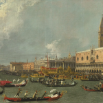 A paintings of a canal with boats on the water.