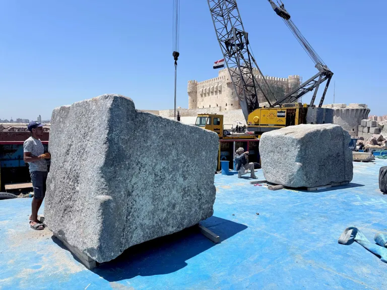 Two of the 22 large stone blocks from the Lighthouse of Alexandria that was recently excavated from the seafloor.