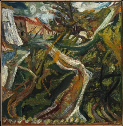 A painting of buildings beside a bent tree.