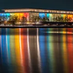 The exterior of the John F. Kennedy Center of the Performing Arts building reflected in the Potomac River, 2024, Washington, D.C.