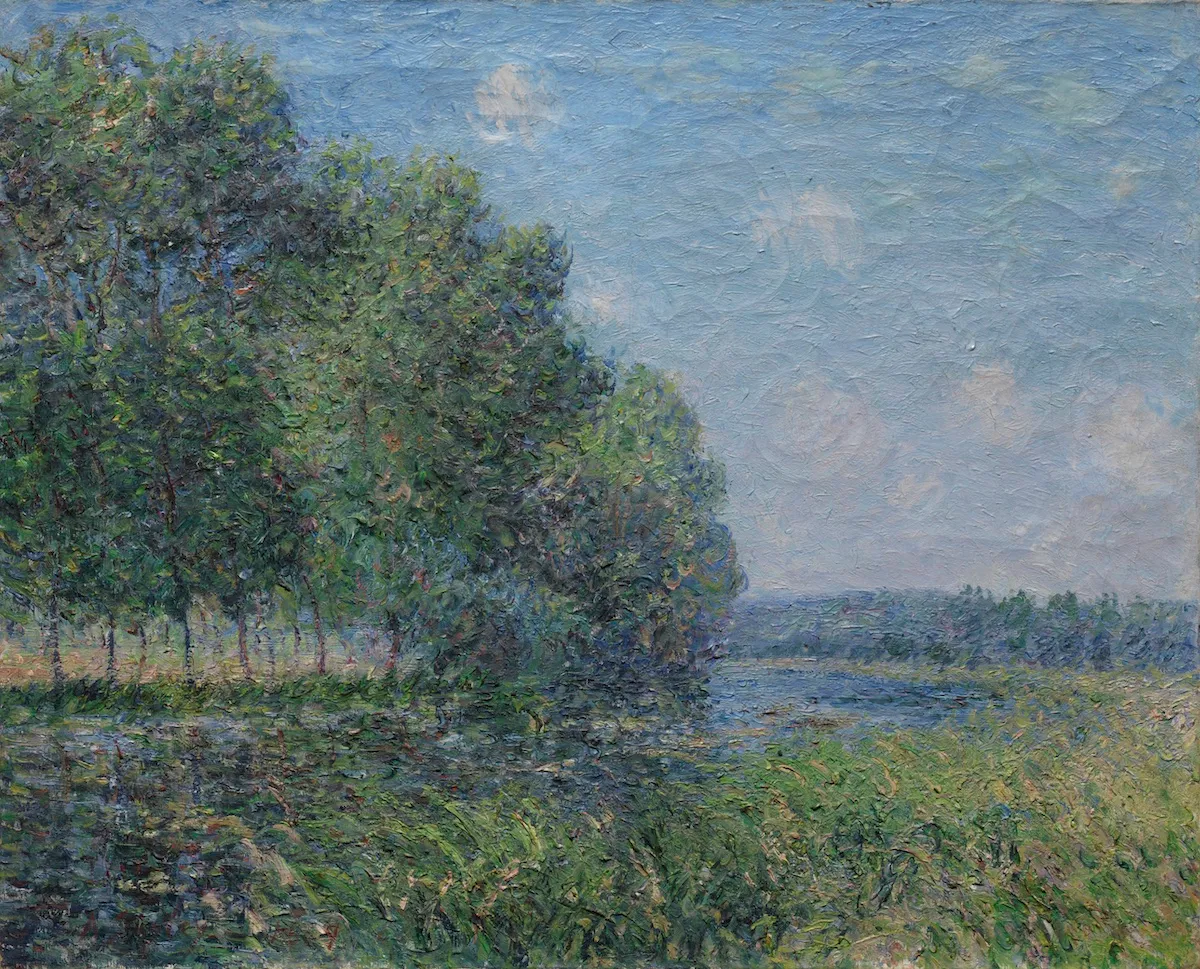 A painting of a riverside on a sunny day.