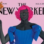 A New Yorker cover showing a painting of a Black woman posing as the Statue of Liberty. She holds a bouquet of flowers in one hand instead of a torch.