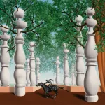 A painting showing columns and a tiny horse.