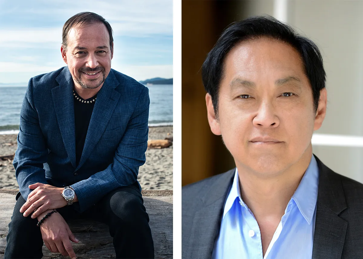 two photos of men, on the left wearing a blue blazer and black pants and shirt, on the right a light blue shirt and gray blazer.