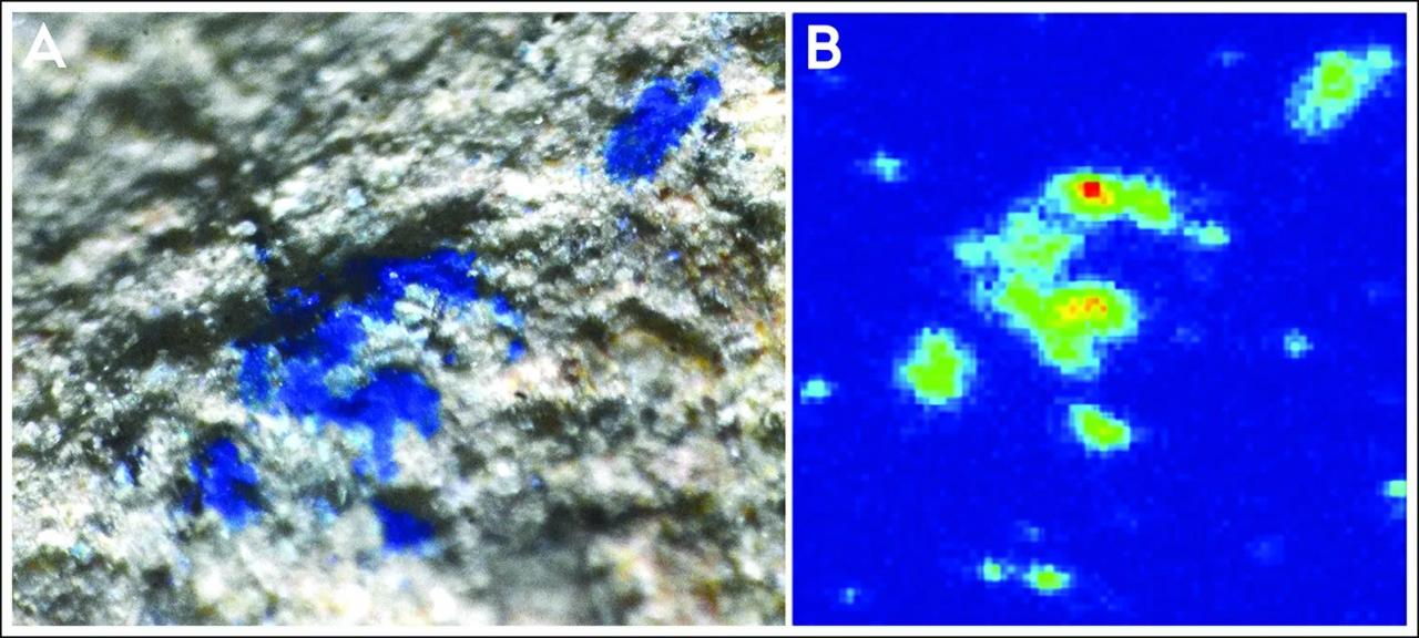 Results from the PIXE analysis of the Paleolithic stone from Mühlheim-Dietesheim, Germany, showing traces of blue mineral pigment.