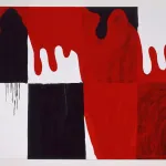 A painting of a checkerboard pattern with a red flow running diagonally across it.