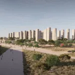 A mock-up of a museum with a long pathway leading to it.