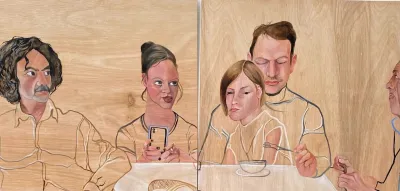A painting of several people around a table, including one who holds an iPhone. Done on wood, the painting