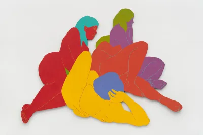 A shaped canvas of four nude women reclining. They are painted in bright shades of color. 