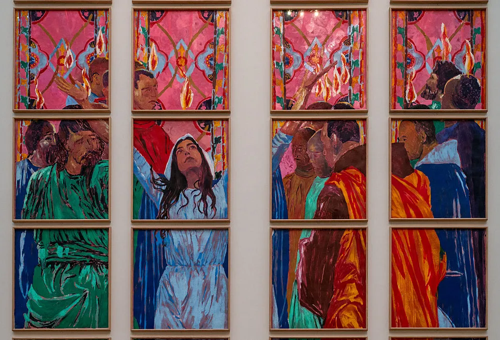 A painting of a woman raising her arms while others gather around her.