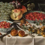 A Dutch still life painting shows fruits including strawberries and cherries in porcelain bowls on a tabletop