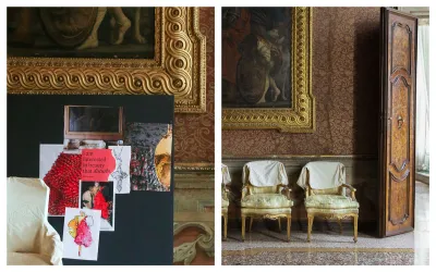 A composite image of a Venetian palazzo (right) with a mood board (left). 