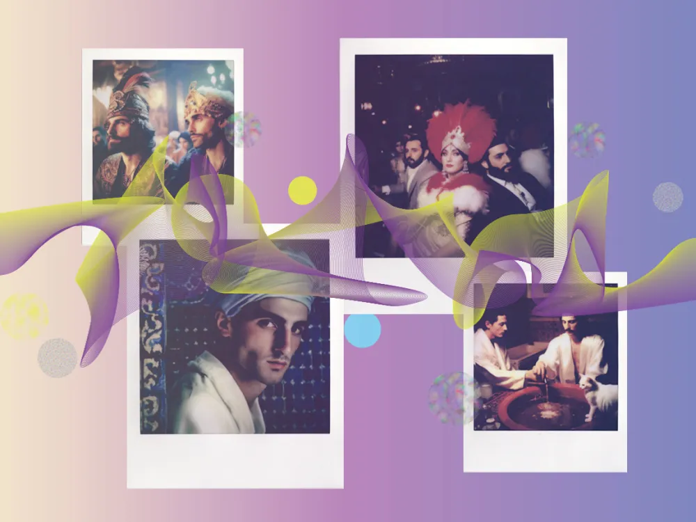 A selection of artworks on a purple and pink gradient background