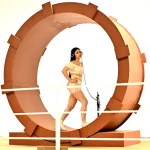 A woman with headphones walking in a spinning wheel.