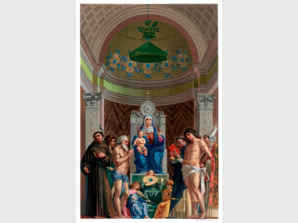 A painting of the Madonna and child surrounded by angels and men.