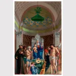 A painting of the Madonna and child surrounded by angels and men.