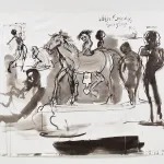 A loose watercolor with decisive lines shows a figure on a horse and possibly an upside-down figure hanging from its underbelly. Several darker figures pose in the background.