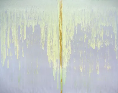 An abstract painting a a pale yellow poured onto a pale blue ground.