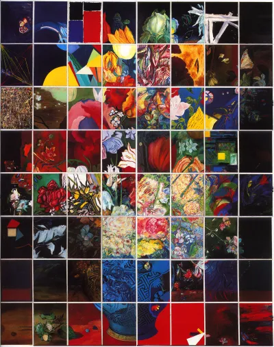 A painting made of 64 panels in different art historical styles of a still life showing flowers in a vase.