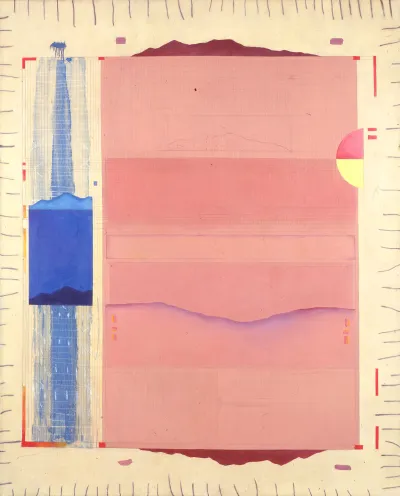 An abstract mixed-media painting of a large pink rectangle over a cream background and various other shapes floating around.