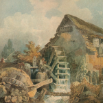 A painting of an old mill.